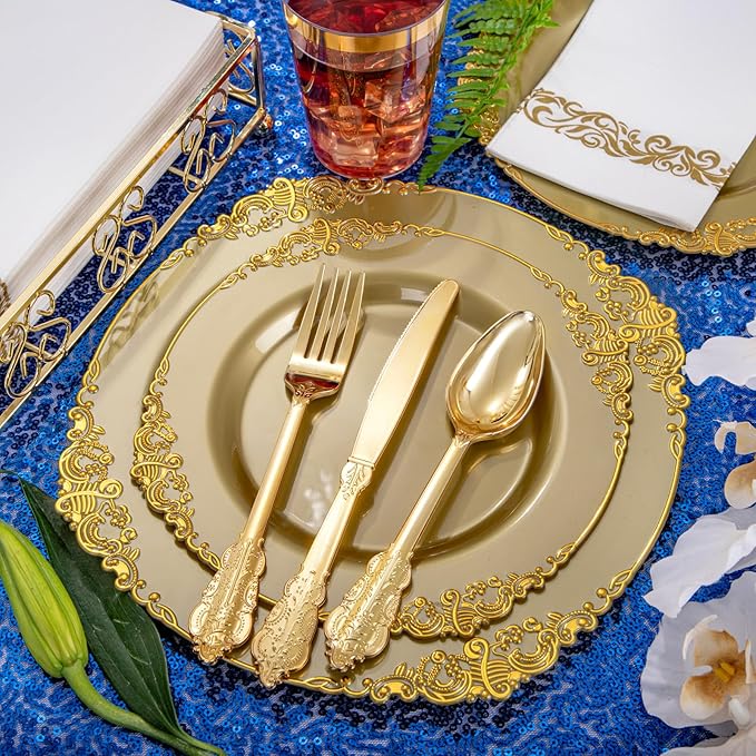 Morejoy 175PCS Solid Gold Plastic Plates with Gold Rim竊똤old disposable dinnerware sets Include 25 Dinner Plates,25 Dessert Plates,25 Cutlery Sets,25 Napkins Perfect for Party & Christmas