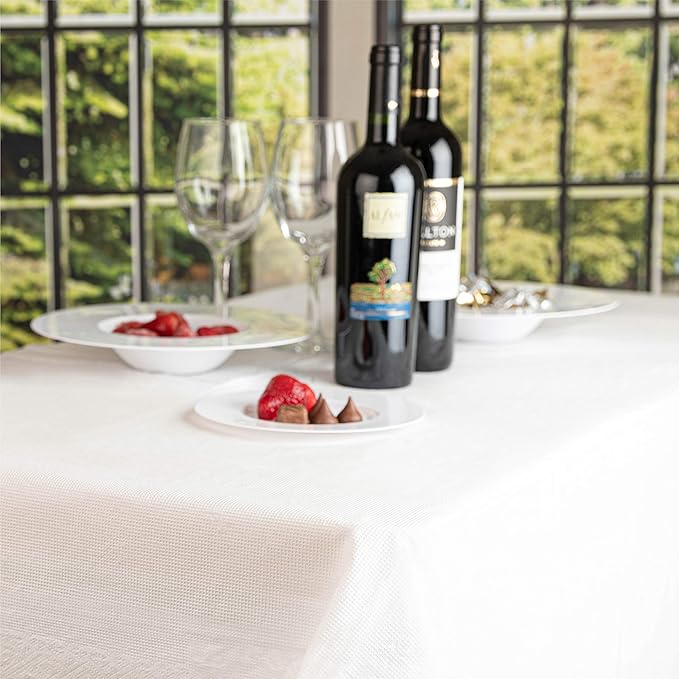 Disposable 3 Ply Paper & Plastic Tablecloth Absorbent, Waterproof, White Table Cover for Rectangle Tables fits 6-8 Foot Tables Size: 54'' X 108'' Pack of 10