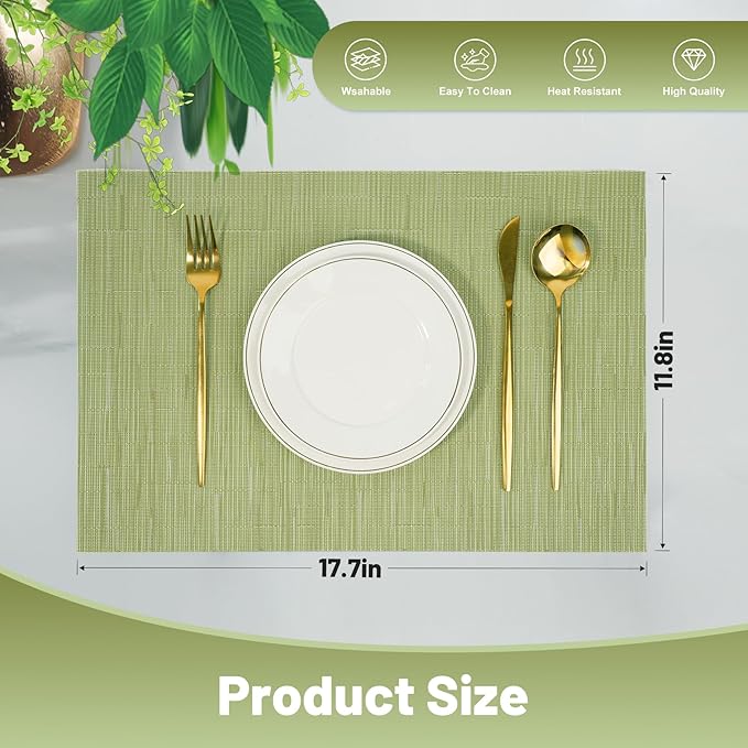 flohar Placemats Set of 6竊똂hristmas Non-Slip PVC Weave Table Mats Easy to Clean竊똇eat Resistant Place Mats for Kitchen Dining Table Decoration Indoor Outdoor竊똏ea Green