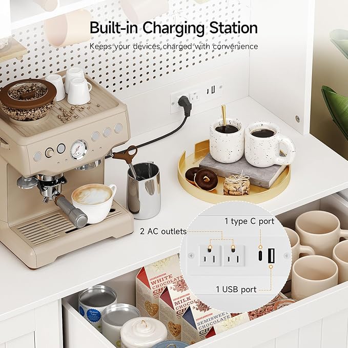 ONBRILL 71" Pantry Storage Cabinet with Microwave Shelf & Door Shelves, Kitchen Wood Pantry with Outlet & LED Light, Kitchen Hutch with DIY Pegboard & 6 Hook, Modern Cabinet with Drawer & Wine Rack