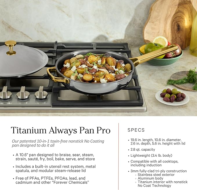 Our Place Titanium Pro Cookware Set | 10-Piece Pots and Pans Set with Always Pan Pro, Perfect Pot Pro & Minis | Non-Toxic No-Coating Nonstick | Induction & Oven-Safe up to 750째F | Gold