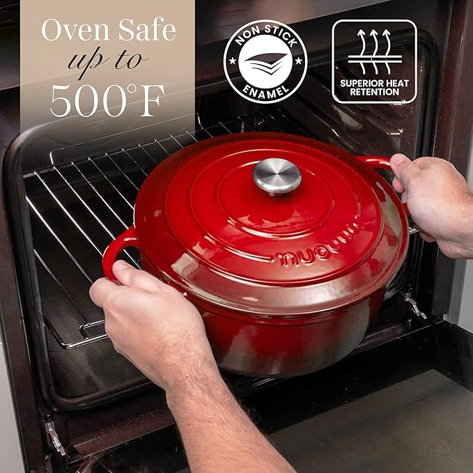 Nuovva Enamelled Cast Iron Dutch Oven Pot with Lid ??6.4 Quart Non Stick Casserole Pot ??Heavy Duty & Oven Safe up to 500째 F for Bread Baking, Braising, Stews, Roasting ??28cm Red
