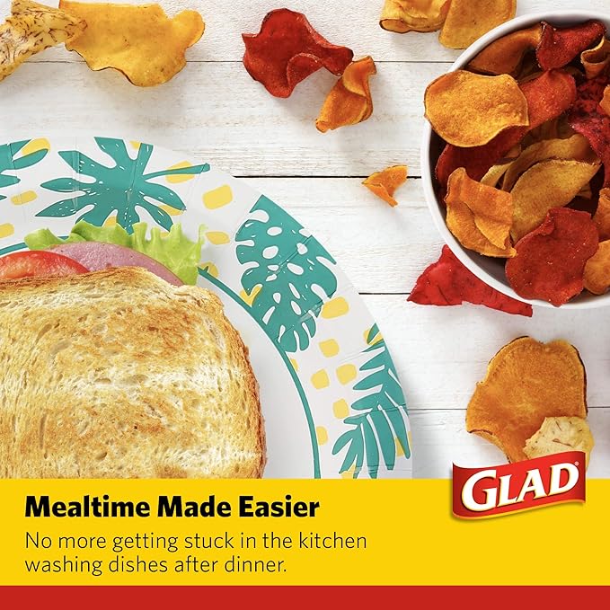 Glad Round Disposable Paper Plates, Palm Leaves Pattern - Strong, Sturdy, Soak Proof, and Microwavable Decorative Plates for Dinner and Everyday Use, 8.5 Inch, 50 Count