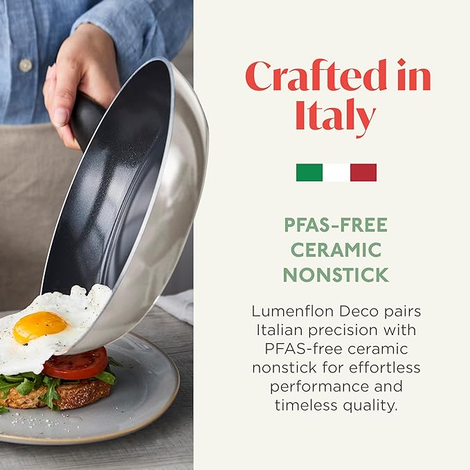 Deco 9.5??Nonstick Frying Pan Skillet, Made in Italy, Diamond Ceramic PFAS-Free, Dishwasher & Metal Utensil Safe, Durable Gloss Enamel Finish, Stay-Cool Handle, High Walls-Extra Room, Taupe