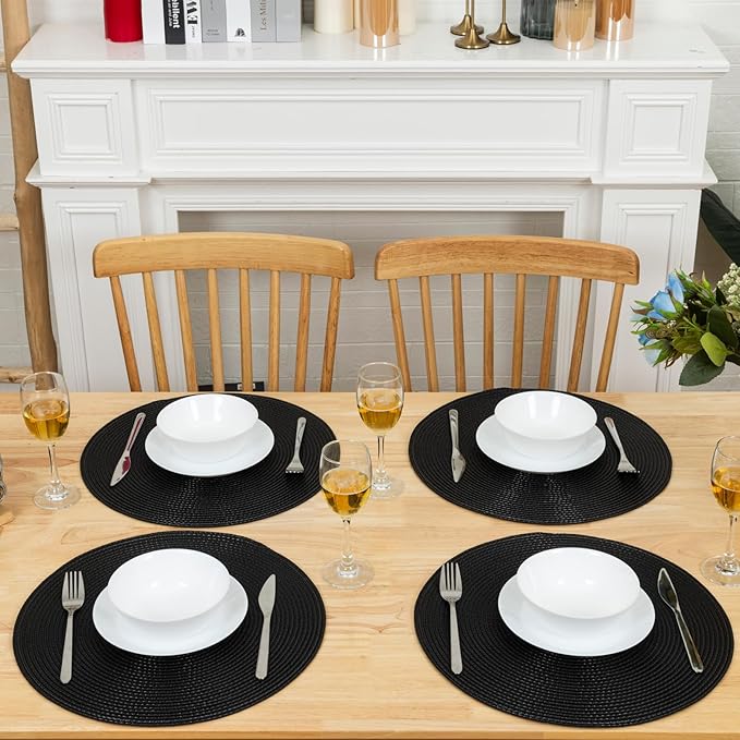 Winknowl Round Braided Placemats Set of 4 Washable Woven Heat Resistant Table Mats for Kitchen Dining Tables 15 inch Round Place Mats (Black,4pcs)