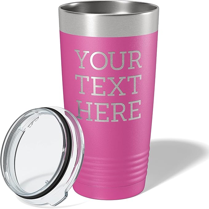 Personalized 20oz (17 Colors) Powder Coated Insulated Stainless Steel Tumbler with Lid, Custom Etched, Customized Text Message Name, Engraved Gift Idea Women Men Him Her, Your Text Here (Pink)