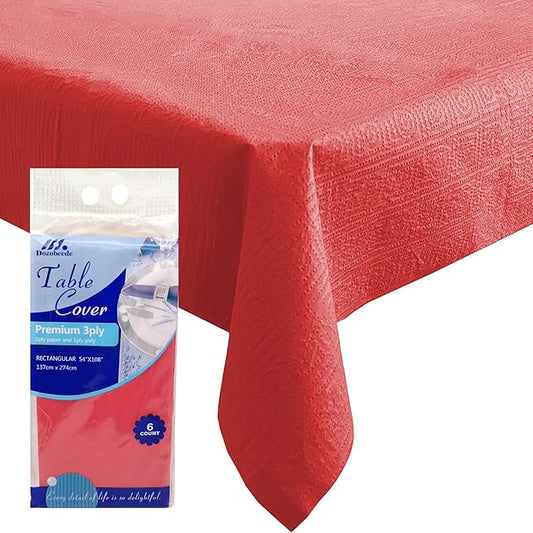 [6 Pack] Red Paper Tablecloth Disposable for Rectangle Tables, 54 X 108 Inch Party Table Cover with Plastic Backing, Waterproof 3 Ply Table Cloth for Valentine's Day Christmas Day Xmas Dinner