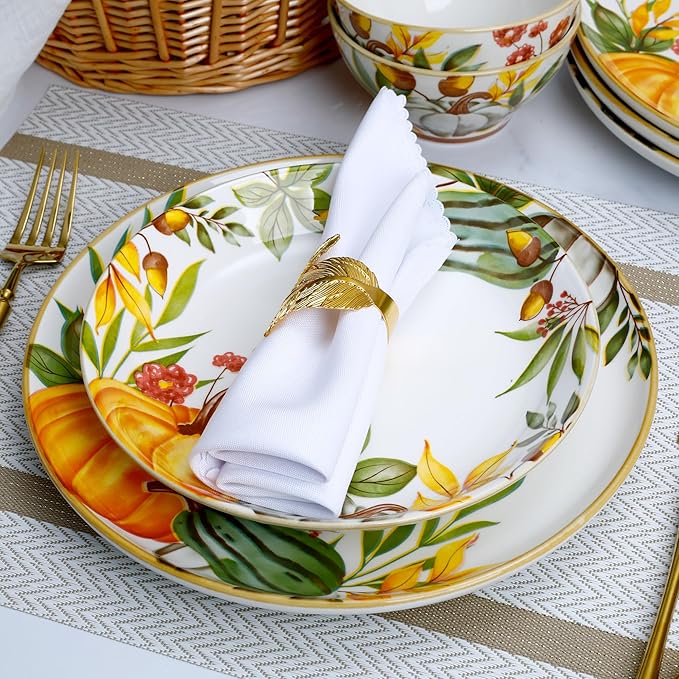 12-Piece Porcelain Dinnerware Set, Service for 4, Pumpkin Pattern Plates & Bowls, Microwave and Dishwasher Safe Dinnerware Set