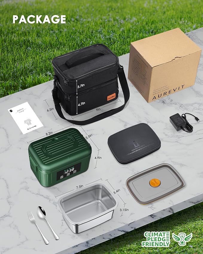 Aurevit Cordless Electric Lunch Box for Adults, 1.4L Heated Lunch Box for Men with Smart Meal Scheduling & Auto Keep Warm, Portable Food Warmer for Car with Insulated Bag, Ice Pack (Brewster Green)