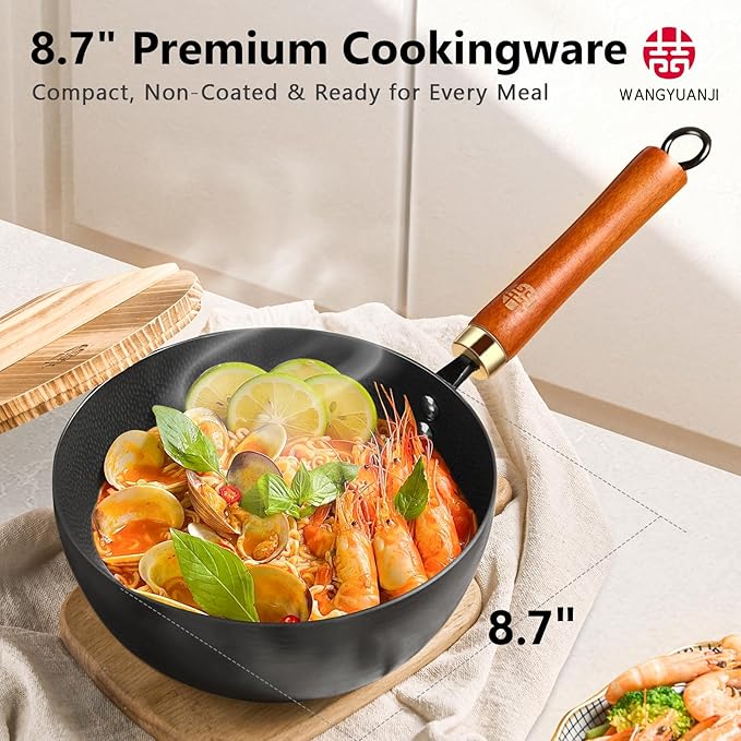 WANGYUANJI Iron Wok 8.7 Inch Deep Frying Skillet with Wooden Lid ??Versatile Flat Bottom Stir-Fry Pan, Chemical-Free & Induction Compatible, Ideal Wrought Iron Small Wok for Home, Chef & Pro Use