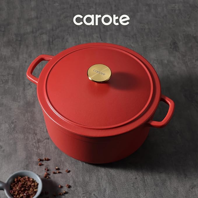CAROTE 5QT Enameled Cast Iron Dutch Oven Pot with Lid, Heavy-Duty Dutch Oven for Sourdough Bread Baking, Braising, Stews, Roasting, Healthy & Non-Toxic, Dual Handles, All Stovetop Compatible, Oven Safe up to 500째 F, Red