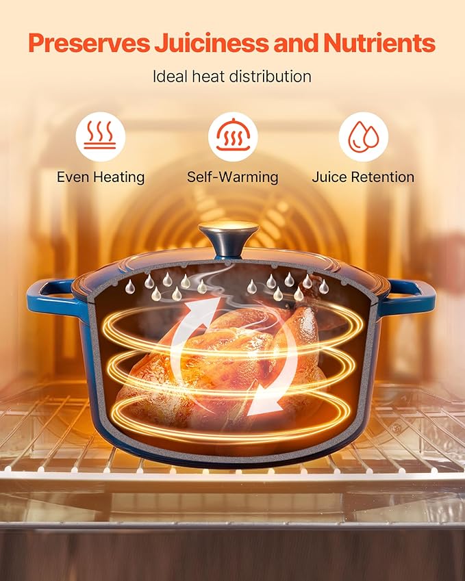 VEVOR Enameled Cast Iron Dutch Oven, 6 Quart Pot with Lid and Dual Handles, Heavy-Duty Durable Cookware Pan, Oven Induction Compatible up to 500?? for Braising, Stews, Roasting, Bread Baking, Blue