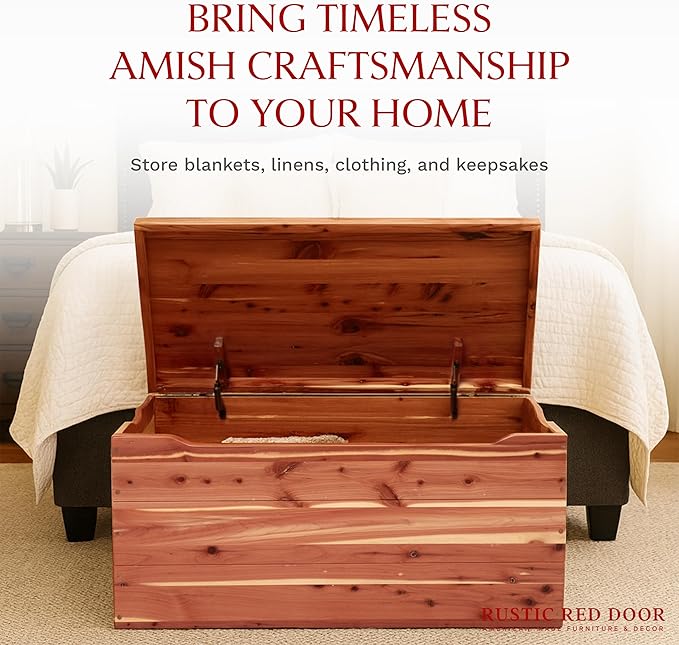 Hope Woodworking Amish Made Wooden Storage Chest Trunk Box with Lid and Handles for Bedroolanket, Clothes, Anti-Slam Hinges, Handmade, Rustic, Cedar Wood, Natural Stain, 42"