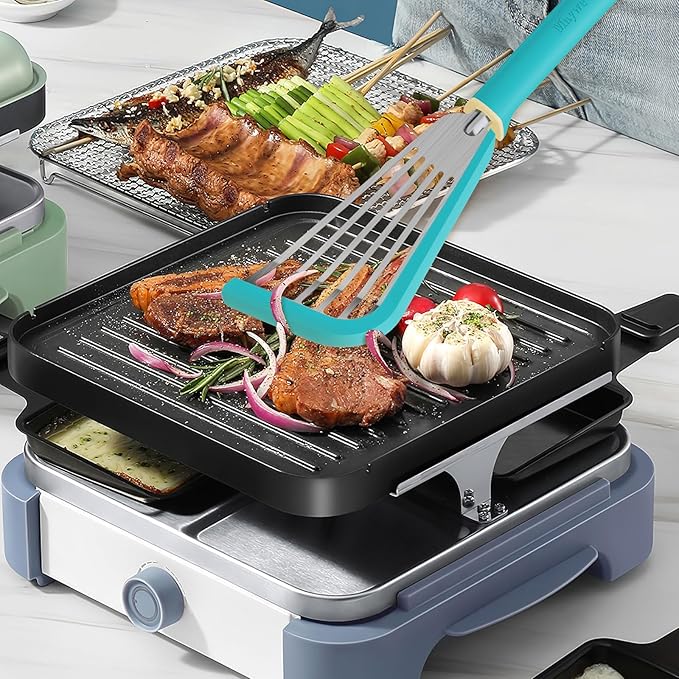 Fish Spatula,600??Heat Resistant Silicone Fish Spatula with Basting Brush,for Nonstick Cookware,Flexible Slotted Fishs Turner Spatulas,BPA Free,Dishwasher Safe(Aqua Sky)