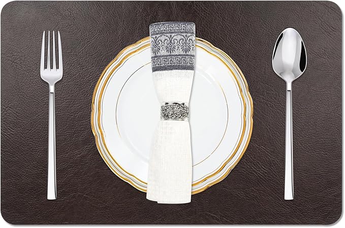 EDanle Cowhide Pattern Faux Leather Placemats Set of 6,Heat Resistant Non-Slip Waterproof Wipeable Washable Kitchen Dining PU Table Place Mats,Double-Sides Available,Black Brown