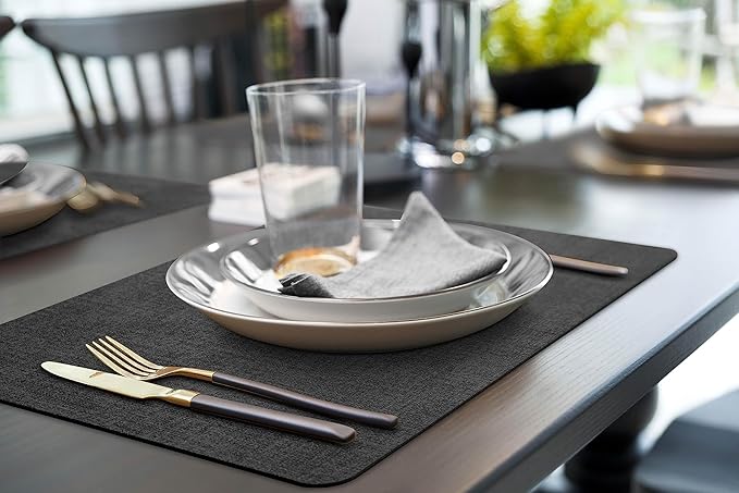 More D챕cor Faux Leather Placemats Set of 6 for Dining Table ??Waterproof, Wipeable, Washable, Stain & Heat Resistant, Non-Slip Table Mats ??12 X 17 Inch, Dark Grey