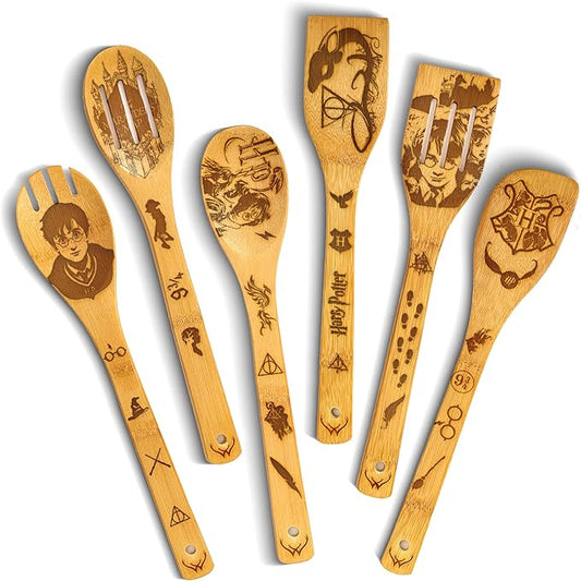 Harry Gifts for All Potter Fans Wooden Spoons for Cooking - 6-Piece Wooden Utensil Set with Spatulas & Spoons, Heat-Resistant, Eco-Friendly Kitchen Utensils for Non-Stick Cookware