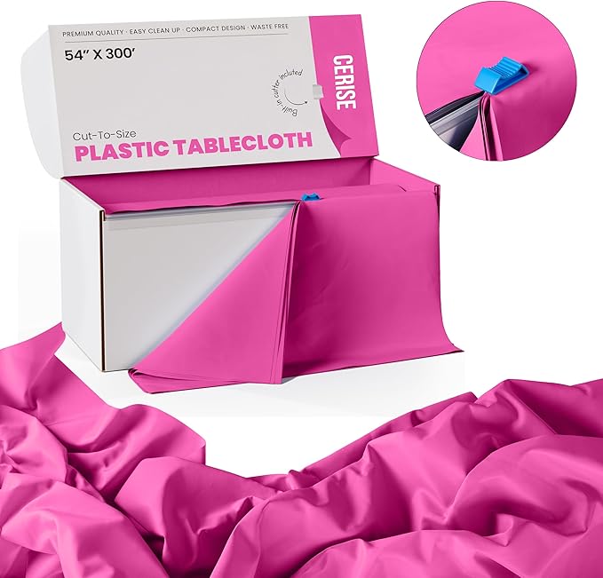 Party Solids 54 Inch X 300 Feet Cerise Plastic Table Cover Roll in A Cut - to - Size Box with Convenient Slide Cutter. Cuts Up to 36 Rectangle 8 Feet Plastic Disposable Tablecloths