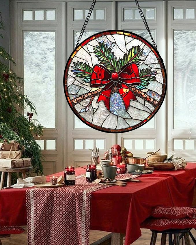 Stained Glass Window Hanging - Pine Branches Red Bow Suncatcher for Doors Home Christmas Decoration Silver Sun Catcher Thanksgiving New Year Birthday Gifts for Women Men Mom Nana 7.8 in