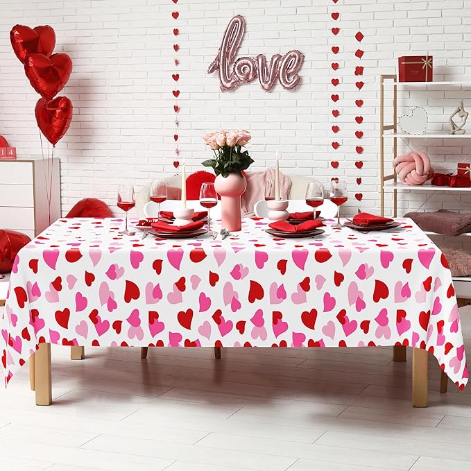 12 Pack Valentines Plastic Tablecloth, 54" x 108" Valentines Decorations, Heart Disposable Red Pink Galentine Tablecloths Love Party Favors, Love Decorations Table Decor for Birthday Party Supplies