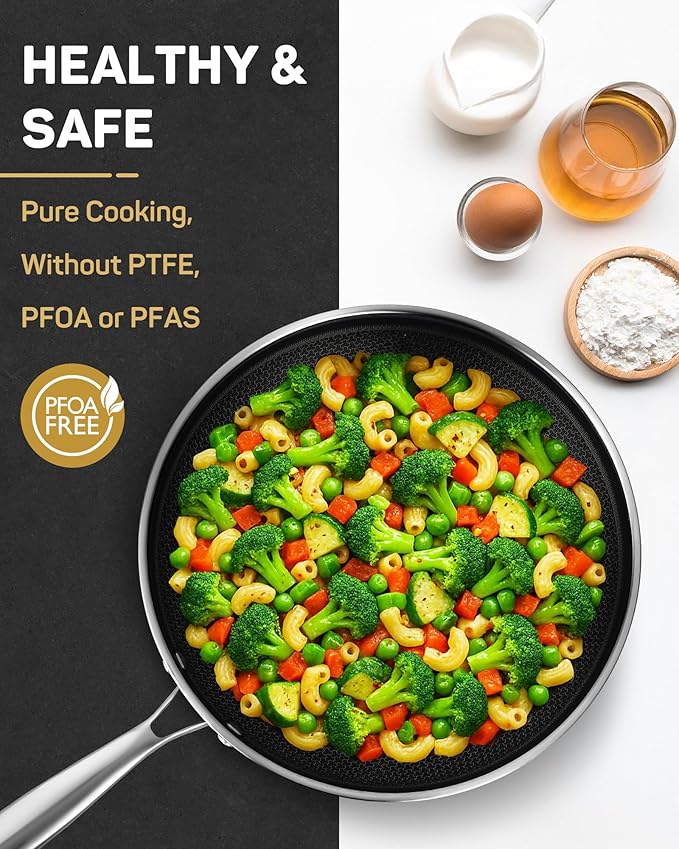 Stainless Steel Nonstick Frying Pan, Hybrid Ceramic 10-Inch Frying Pan, Stay-Cool Handle, PFAS & PFOA PTFE Free, Dishwasher & Oven Safe, Scratch-Resistant, Compatible with Induction & All Cooktops