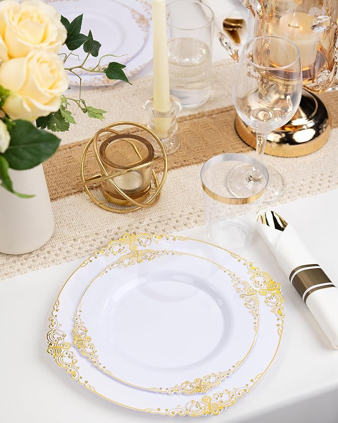 Nervure 350PCS Gold Plastic Plates - Gold Plastic Dinnerware Sets for 50 Guests - 100 Disposable Plates, 150 Silverware, 50 Cups, 50 Napkins for Wedding & Party & Thanksgiving