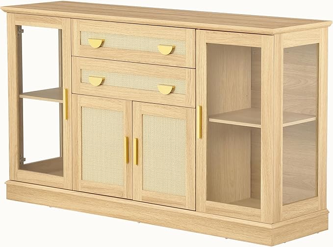 58.27'' Buffet Cabinet with 2 Drawers and Adjustable Shelves,Large Glass Door Coffee Bar Cabinet,Modern Farmhouse Sideboard Credenza for Kitchen,Natrual