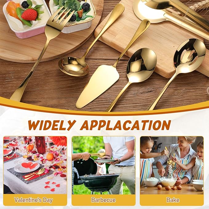 Tanlade 19 Pcs Gold Stainless Steel Serving Utensils Set Flatware Include Forks Spoons Slotted Spoons Soup Ladle Skimmers Pie Server Serving Tongs for Buffet Party Breakfast Home Dinner