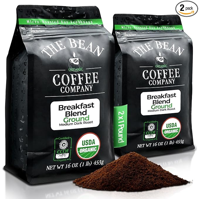 The Bean Organic Coffee Company Breakfast Blend, Medium Dark Roast, Ground Coffee, 16-Ounce Bags (Pack of 2),Caf챕 molido tostado organico