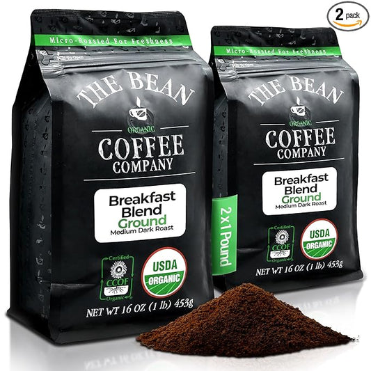 The Bean Organic Coffee Company Breakfast Blend, Medium Dark Roast, Ground Coffee, 16-Ounce Bags (Pack of 2),Caf챕 molido tostado organico