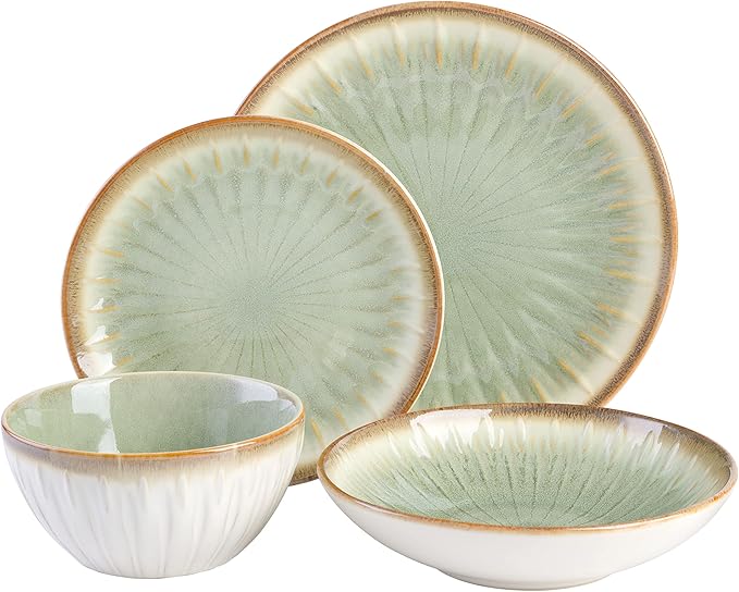 Gibson Elite Mayfair Bay 16-Piece Embossed Double Bowl Dinnerware Set, Service for 4 ??Green Stoneware Plates and Bowls