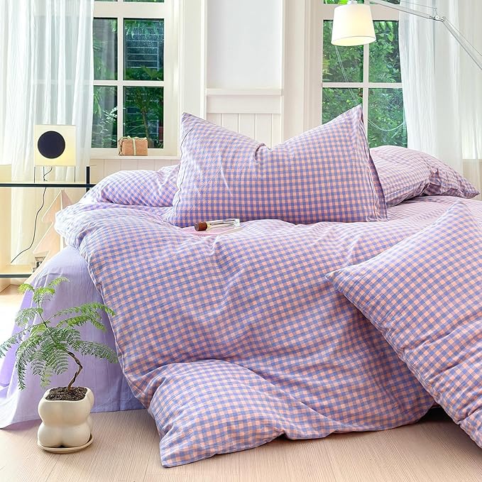 LifeTB Twin XL Comforter Set Purple Gingham Comforter with 2 Pillowcases Purple Pink Grid Plaid Comforter Set for Girls Women Fluffy Soft Lightweight Bedding Set Fluffy Checkered Comforter Twin XL