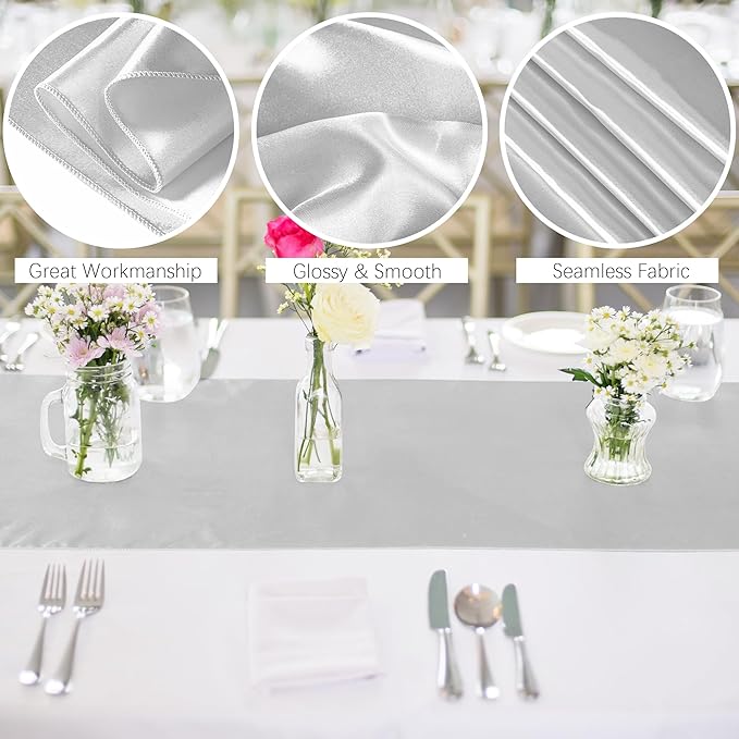 ANECO 4 Pack Satin Table Runner 12 x 108Inch Long Bright Silk and Smooth Fabric Party Table Runner for Wedding Banquet Party Decoration-Light Silver