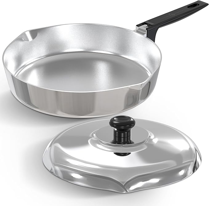 Cast Aluminum Saut챕 Pan with Lid 10 inch - Oven Safe Deep Frying Pan with Lid, Two Side Spouts and Ergonomic Stay-Cool Handle for Comfortable Grip and Pouring (3 Quart)