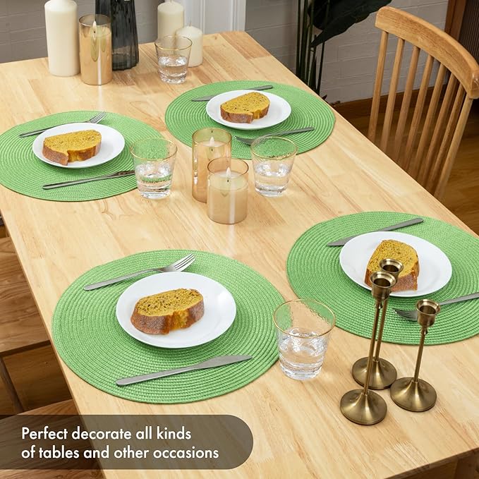 Winknowl Round Braided Placemats Set of 6 Washable Woven Heat Resistant Table Mats for Kitchen Dining Tables 15 inch Round Place Mats (Grass Green,6pcs)