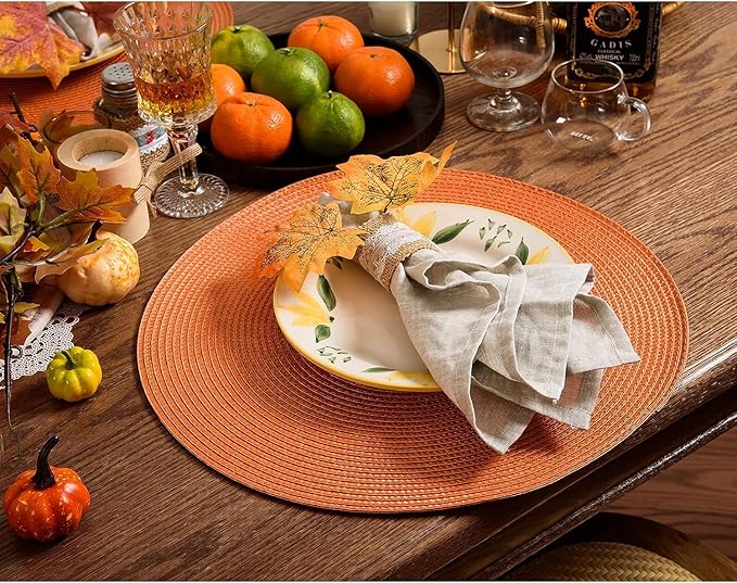AHHFSMEI Round Braided Placemats 15 Inch Round Table Mats for Dining Tables Natural Woven Heat Resistant Place mats Set of 4 (Orange, 4)