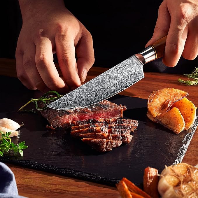 SENKEN 16-Piece Damascus Knife block Set - The Dynasty Collection - Japanese VG10 Damascus Steel with Natural Sycamore Wood Handles, Steak Knives, Scissors, & Sharpening Rod (16-Piece Knife Block Set)