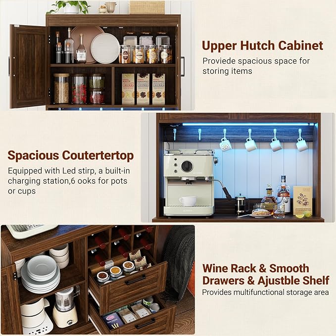 Unikito 72" Tall Kitchen Pantry Cabinet with LED Light & Outlet, 63" Wide Kitchen Hutch Bar with Microwave Stand, Drawers, Wine Racks and Storage Shelves, Cupboard for Dining Room, Weathered Brown