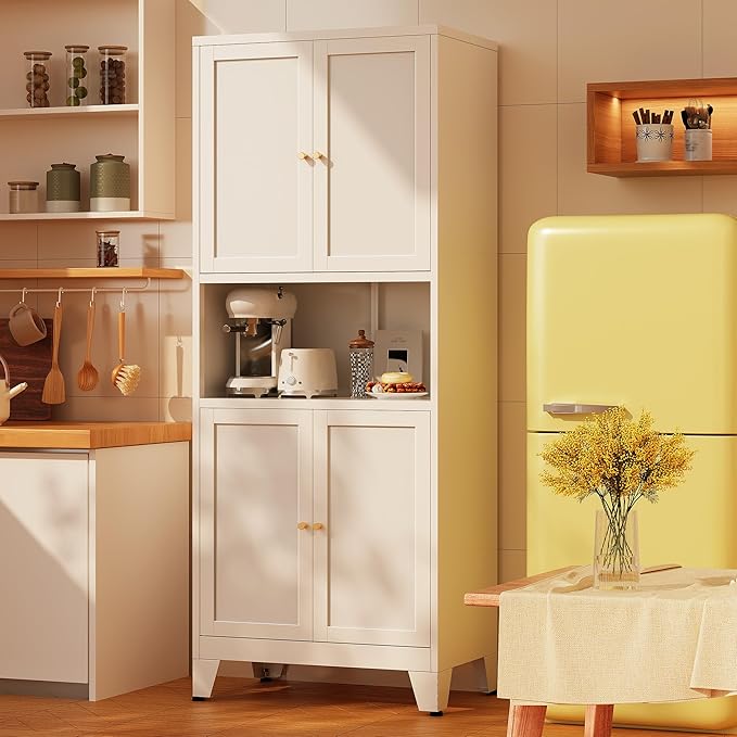 69"H Kitchen Pantry Cabinet with Countertop and Microwave Shelf,Metal Microwave Stand Cabinet with Storage竊똚hite Farmhouse Food Storage cabinet,Tall Freestanding Pantry Cabinets for Dining Room