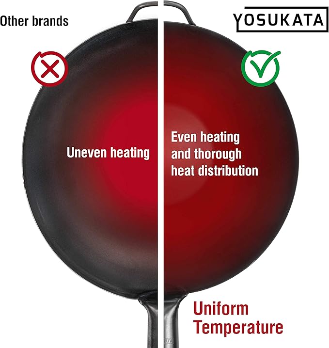 YOSUKATA 13.5" Carbon Steel Wok Pan ??Pre-Seasoned Flat Bottom Pow Wok for Stir Fry, BBQ, Grill & Camping ??Traditional Japanese Chinese Cookware ??Compatible with Induction, Electric, Gas, Open Fire
