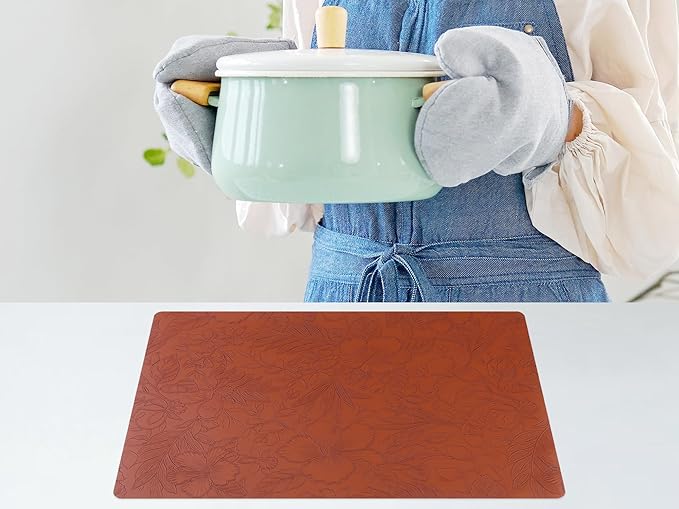 DRMHM Set of 6 Faux Leather Flower Placemats for Kitchen Dining Table Decor, Washable Table Placemats Wipeable Table Mat 18 * 12in Brown