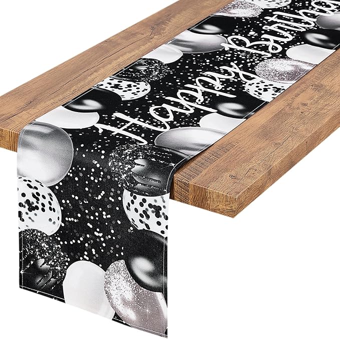 Letjolt Silvery Black Balloon Happy Birthday Table Runner 72 Inches Celebrate Birthday Party Table Decor
