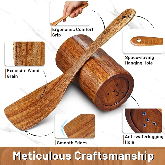 Pleafind Natural Teak Wooden Utensil Set - 9 Pcs, Wooden Spoons for Cooking, Wooden Cooking Utensils Set with Holder 竊?Spoon Rest, Soft Comfort-Grip Wood Kitchen Utensil Set for Non-Stick Cookware