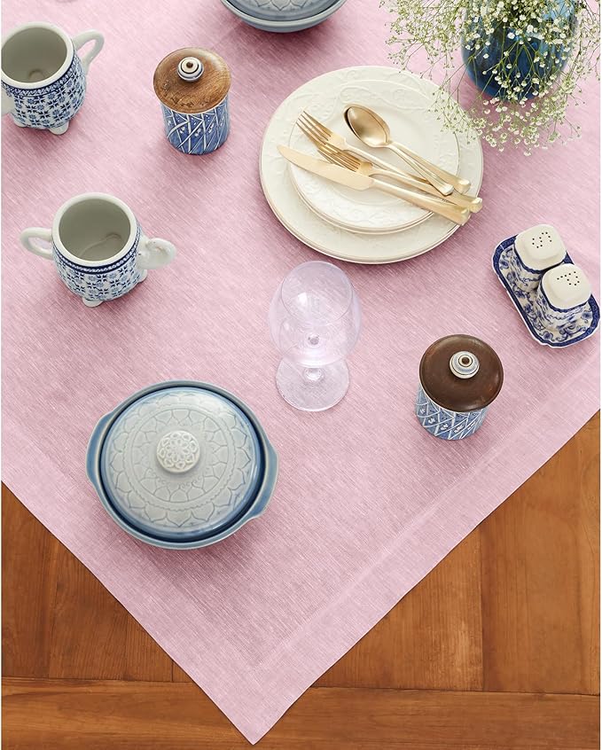 Solino Home Linen Tablecloth 52 x 52 Inch - 100% Pure Linen Square Table Throw - Athena, Machine Washable Bubblegum Pink Tablecloth for Valentines, Spring, Easter