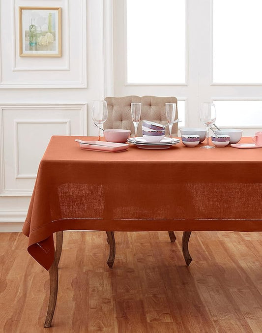 Solino Home Linen Cinnamon Tablecloth 60 x 120 Inch - Classic Hemstitch, 100% Pure Linen Rectangular Tablecloth - Machine Washable Table Cloth for Winter