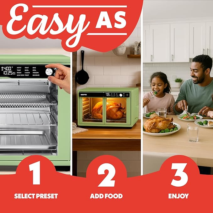 Gourmia French Door Air Fryer Oven - 37 Qt Large Capacity Convection Toaster Oven, FryForce 360°, Digital Display, 12 Cooking Presets, Dehydrate, Fits 13??Pizza, Dishwasher-Safe, Green