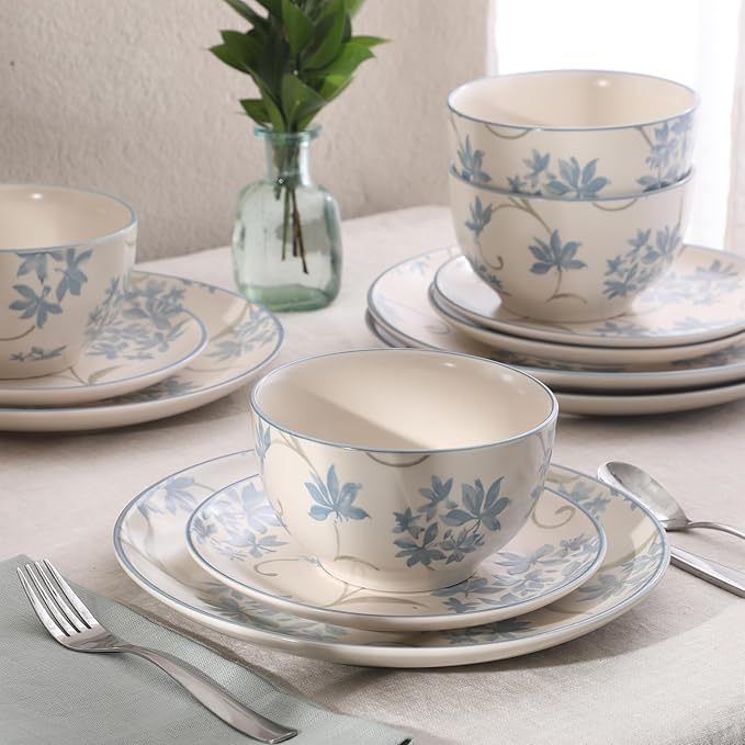 Gibson Home Admiral Hall 12-Piece Matte Stoneware Dinnerware Set ??Dinner Plates, Salad Plates & Bowls with Blue Floral Pattern, Durable Everyday Dish Set, Microwave & Dishwasher Safe