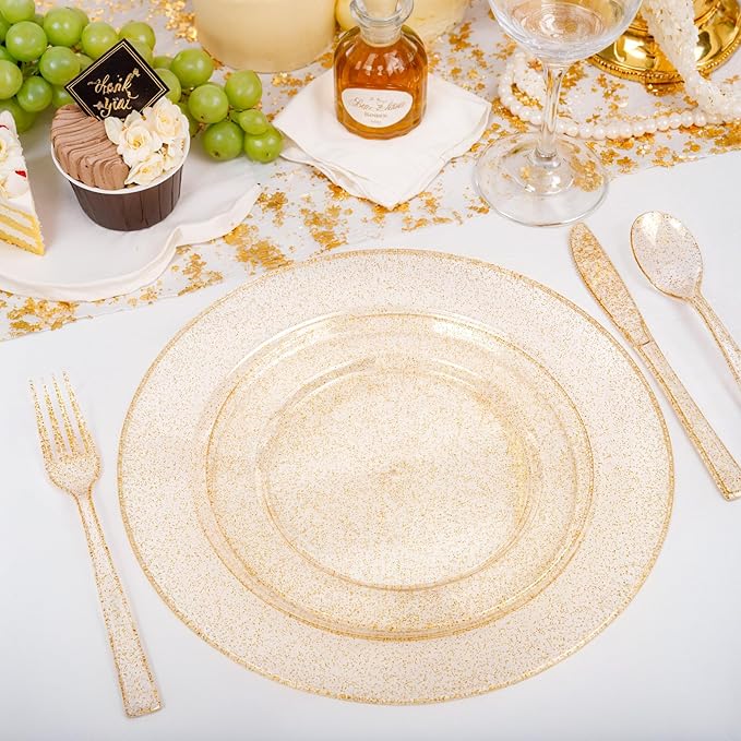 200 Pcs Gold Glitter Plastic Plates - Disposable Party Plates, Gold Glitter Disposable Plate Include 100 Dinner Plate and 100 Dessert Plate, Plastic Plate for Party, Holiday, Wedding & Birthday