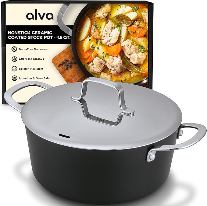 Alva Maestro 4.5-Quart Ceramic Coated Nonstick Stock Pot with Lid - Oven & Induction Safe Cookware, Made without PFAS, PFOA & PTFE for Chef-Level Heat Control and Effortless Cleanup