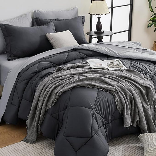 HEVUMYI Queen Comforter Set - 7-Piece All Season Bed in a Bag Queen, Ultra Soft Bedding Set with Comforter, Flat Sheet, Fitted Sheet, Pillowcases, Pillow Shams, Dark Grey & Light Grey